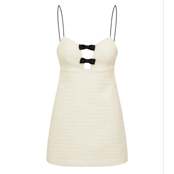 LoveShackFancy Adelaide Tweed And Bow Mini Dress In Cream And Black Sz 6 - Picture 1 of 13